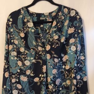 Soho Apparel Paisley Lace-Up Blouse - Teal, Cream & Black